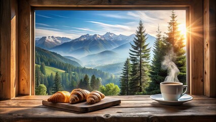 Morning Sunlight Streams Through a Wooden Window Framing a Breathtaking View of Majestic Mountains, Lush Forests, and a Cup of Coffee and Pastries on the Windowsill