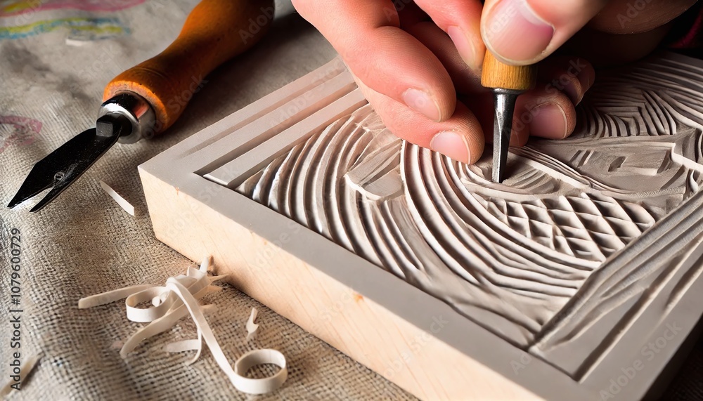 Fototapete a close-up of a hand carving a detailed pattern into a block of linoleum for printmaking. generative