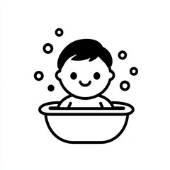 Fototapeta premium A cute icon depicts a baby sitting in a bathtub filled with bubbles, conveying a playful and joyful bath time experience, designed in black and white