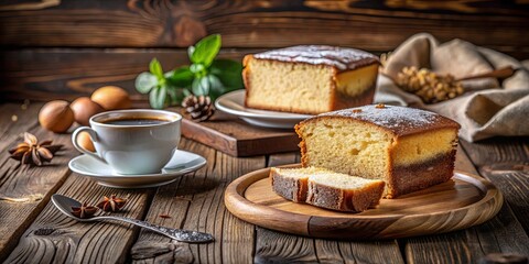 Fototapeta premium A Rustic Tabletop Still Life Featuring a Freshly Baked Loaf of Cake, a Cup of Coffee, and Delicate Spices