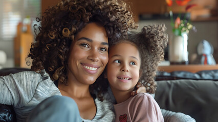 Mother and daughter enjoying warm family moment on sofa
