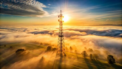 Obraz premium A Tower Stands Sentinel Above a Sea of Mist, Bathed in the Golden Light of Dawn