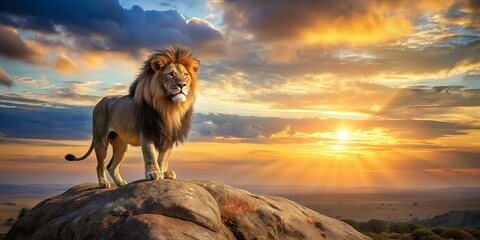 A Majestic Lion Stands on a Rocky Outcrop Against a Dramatic Sunset,  Silhouetted by Golden Rays, in a Scene of Wild Beauty