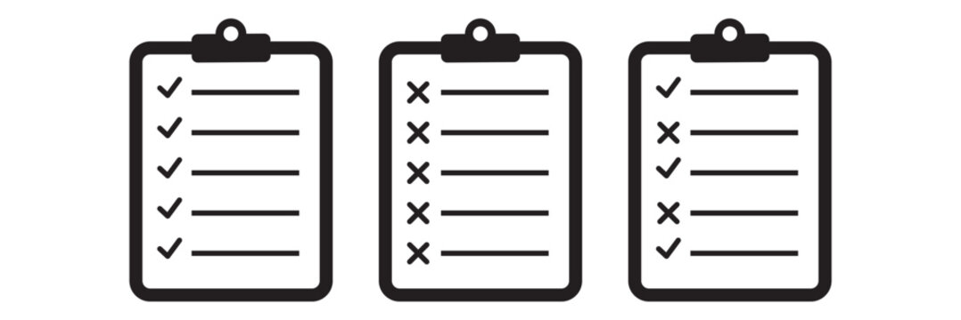 Clipboard icon set. Checklist on the clipboard line icon with checkmarks, checklist, document, gear, pencil. Clipboard outline icons. Checklist symbol. Editable stroke. Vector illustration.