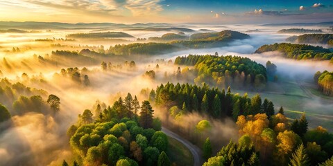 Obraz premium A winding path through a misty forest, golden light filtering through the clouds, a scenic landscape bathed in ethereal morning glow.