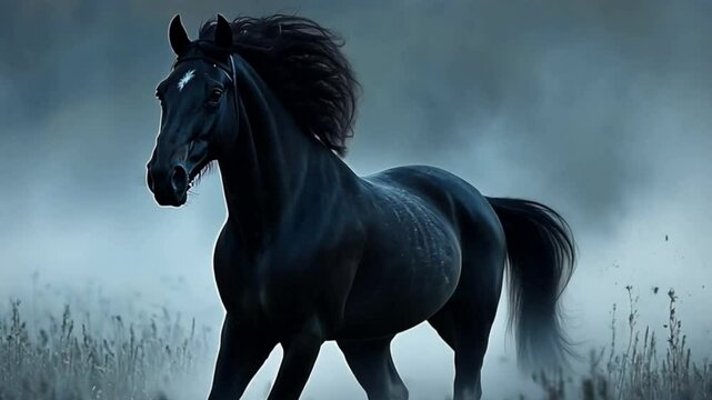 A stunning black horse with flowing mane galloping gracefully in a misty twilight setting.
