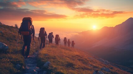 A caravan of travelers hiking up a mountain trail at dawn