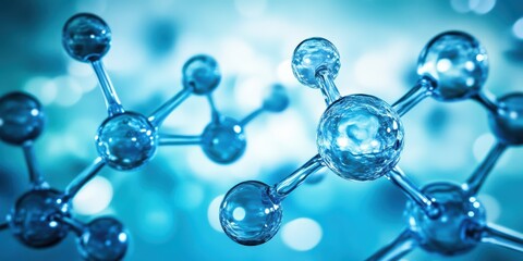 Close-Up View of Molecular Structures with Clear Blue Colors and Bokeh Background, Representing Scientific Research and Innovations in Chemistry and Biology