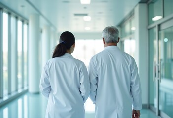Obraz premium Two Doctors in White Lab Coats Walking Through a Modern Hospital Corridor, Showcasing Bright Natural Light and Minimalist Design