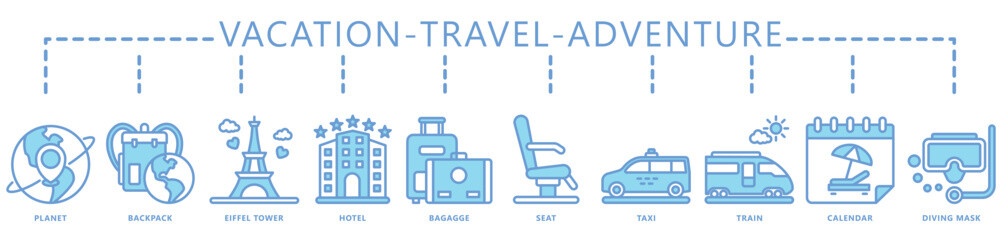 Travel, vacation, adventure dual tone icon banner. contain earth, backpack, baggage, taxi, train, diving, calendar, location and more. Vector EPS 10. for print, UI or UX kit, web and app development.