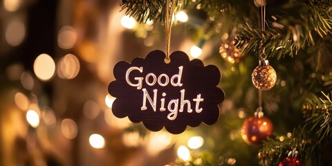 Charming Christmas Tree Decorated with a Good Night Sign Hanging Amidst Beautiful Holiday Lights and Colorful Ornaments in a Cozy Atmosphere