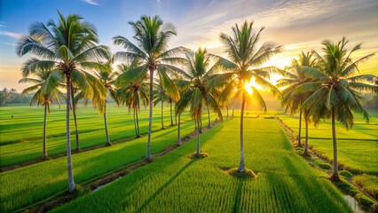 Obraz premium Palm Trees Stand Tall in a Sea of Verdant Rice Fields Bathed in the Warm Glow of Sunrise