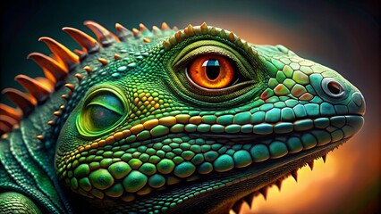 Fototapeta premium A Close-Up Portrait of a Reptilian Creature with Vivid Green Scales, Striking Orange Eye, and a Row of Pointed Teeth