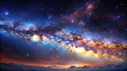 Fototapeta premium A Starry Night Sky with a Majestic Milky Way, Glowing with Vibrant Colors, Above Wispy Clouds and a Distant Horizon