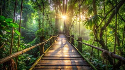 Obraz premium A wooden bridge leading through a dense jungle with sunlight illuminating the path