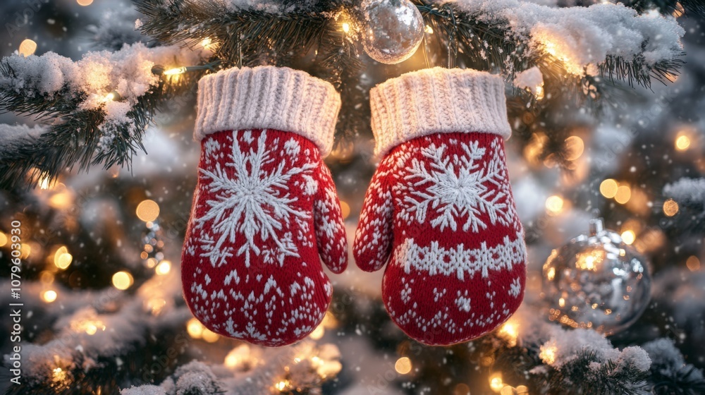 Aufkleber Two festive red mittens with white snowflake patterns dangle from the branches of a snow-laden Christmas tree, surrounded by glowing lights and sparkling ornaments, creating a cozy winter atmosphere.