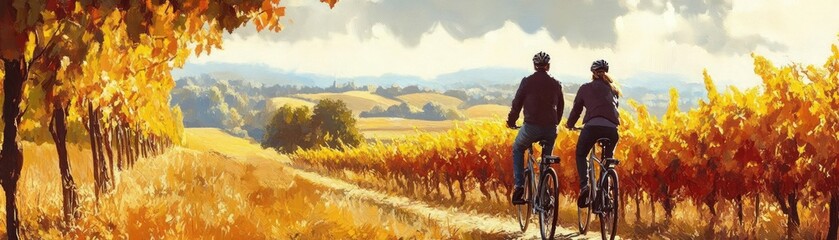 Obraz premium A couple riding bicycles through a vineyard, enjoying a scenic route