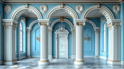 Naklejka premium Elegant interior of a grand room with arches and decorative elements.