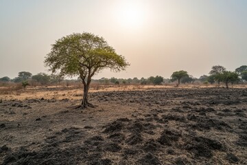 Obraz premium Lone Tree in Barren Landscape Under Overcast Sky