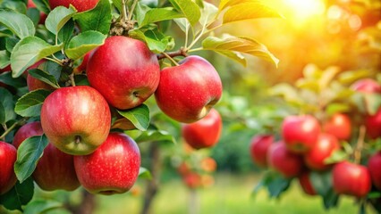 Red apples growing on green leafy branches in a lush garden , Apples, Red, Green, Garden, Growth, Orchard, Fresh, Nature, Harvest