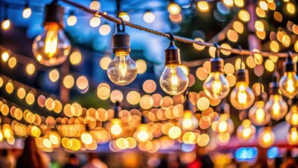 Selective focus on glowing light bulbs with bokeh background at night light festival, light bulbs, bokeh, abstract