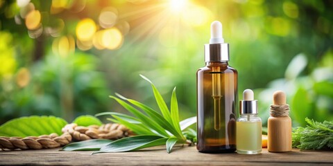 Bottle cosmetic mockup on natural background with essential oil, serum, cream, and lotion, beauty, organic, health