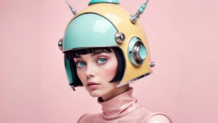 Retro Futuristic Portrait of Woman in Pastel Space Helmet on Pink Background