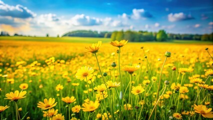 Obraz premium Field of vibrant green and yellow flowers in a meadow , nature, summer, spring, flora, meadow, field, green, yellow