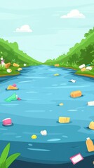 Obraz premium A river polluted with colorful plastic waste amidst green hills and blue water.