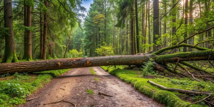 Fallen tree blocking forest path after storm, tree, road, barrier, obstacle, nature, destruction, fallen, broken, storm, weather
