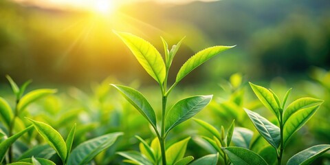 Naklejka premium Fresh tea bud and leaves on a blurred background, tea, fresh, bud, leaves, plant, organic, natural, green, healthy, harvest