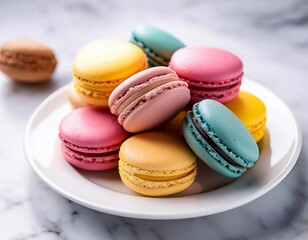 Obraz premium Pile of colourful macaroons in white plate on white marble table background