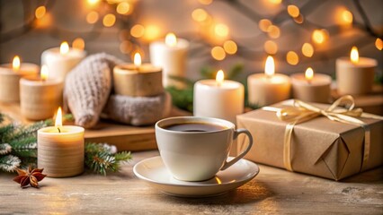 A cozy scene with a cup of coffee surrounded by gift boxes and candles, cozy, coffee, gift, surprise, festive