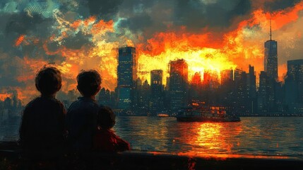 Fototapeta premium A family on a ferry, with kids watching the water and cityscape passing by