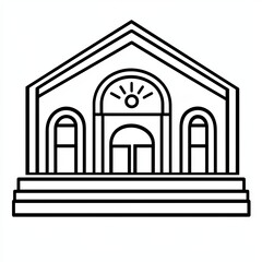 The line icon depicts a concert hall with a sloped roof and arched windows, showcasing a minimalist design suitable for music-related themes and events