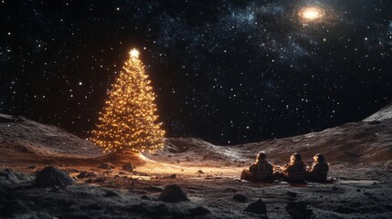 Naklejka premium Four astronauts sit together on the moon, surrounded by a starry night sky. They enjoy the festive spirit while admiring a beautifully lit Christmas tree against the cosmic backdrop.