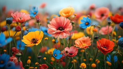 A field of flowers with a variety of colors including blue, yellow, and red