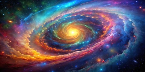 Vibrant and colorful spiral galaxy with swirling cosmic clouds, showcasing the beauty and mystery of the universe