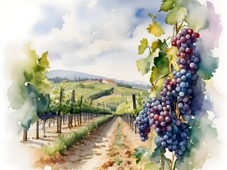 Vineyard Watercolor Painting Landscape Art