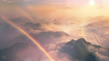 A stunning wide-angle photograph of a vibrant rainbow arching over a misty mountain range
