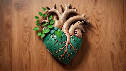 Nature Heart Sculpture &ndash; Artistic Fusion of Human Heart and Tree with Leafy Branches