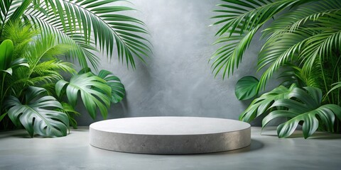 Obraz premium Round gray stone platform for advertising cosmetics products with tropical leaves background , beauty, cosmetics, product, podium