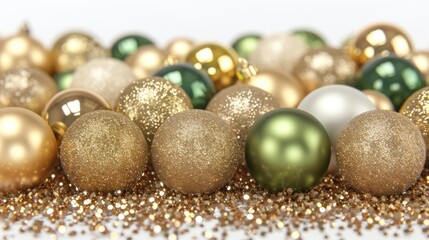Christmas decorations illuminate with gold glittering accents, creating an abstract glow light texture. The shimmering ornaments and festive lights capture the essence of the holiday season, blending 