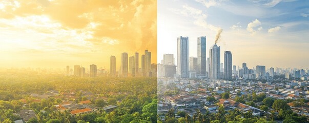 Naklejka premium A contrasting cityscape showing urban development and greenery under different lighting.
