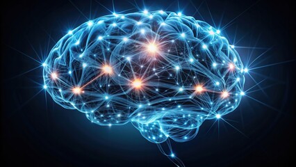 Luminous animated brain with neural pathways on dark background illustrating cognitive processes