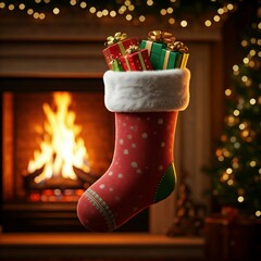 A 3D Christmas stocking hanging by the fireplace