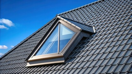 Sleek dark metal dart roof window on pitched roof under clear blue sky, roof window, sleek, dark metal