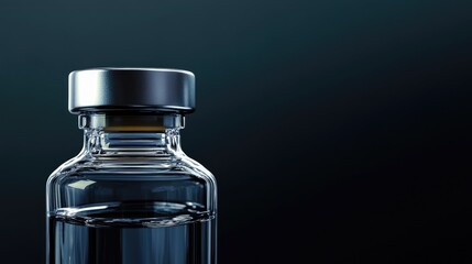 Vaccine concept illustration featuring a small glass bottle with a silver cap captured in close up against a black background