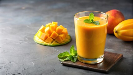 Fresh mango juice smoothie in glass cup on gray table background, mango, juice, smoothie, glass, cup, gray, table, background