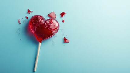 Valentine s Day theme featuring a broken red lollipop heart on a soft blue background created from a flat lay perspective